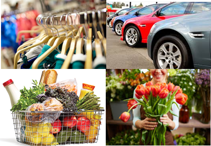 Cars, flowers, groceries, clothes